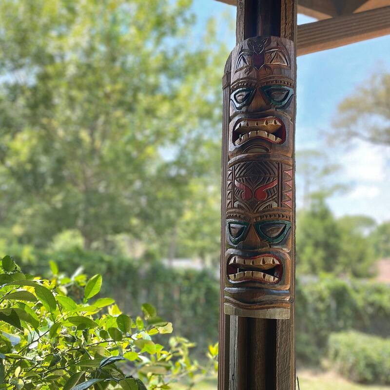 Zeckos 24 Inch Wood Double Tiki Mask Totem Wall Sculptures (Set Of 2)