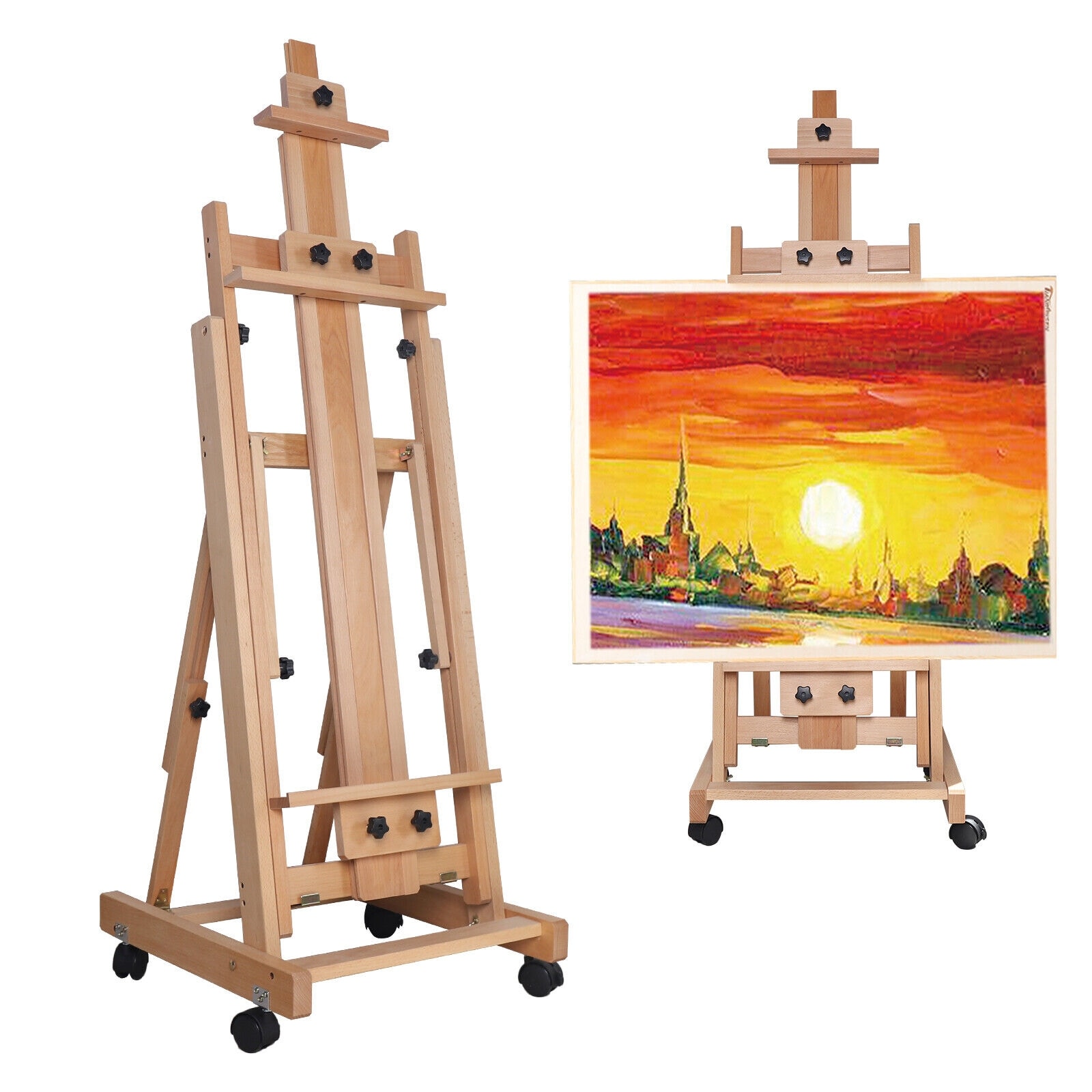 Adjustable H Frame Easel Professional Artist Easel with Wheels - Wood Color