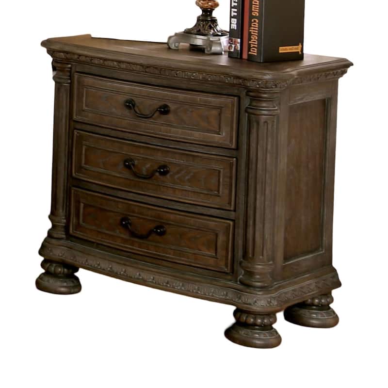 Traditional Rustic Natural Solid wood 1pc Nightstand Bronze Hanging Pull Bedroom Bedside Table w 3-Drawers