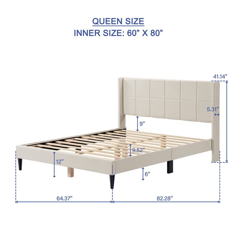 Queen Bed Frame with Wingback/Linen Upholstered Platform Bed with Square Stitched Headboard/Wood Slats Support/Solid Wood Legs