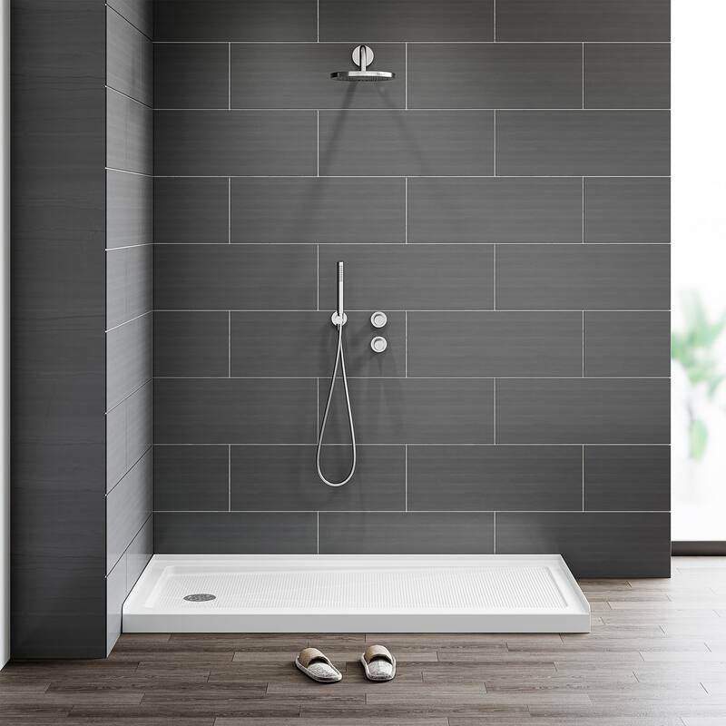 HOROW 60 x 30 Inch Alcove Shower Pan Base in High Gloss White with Wide Threshold Design - Left Drain Location