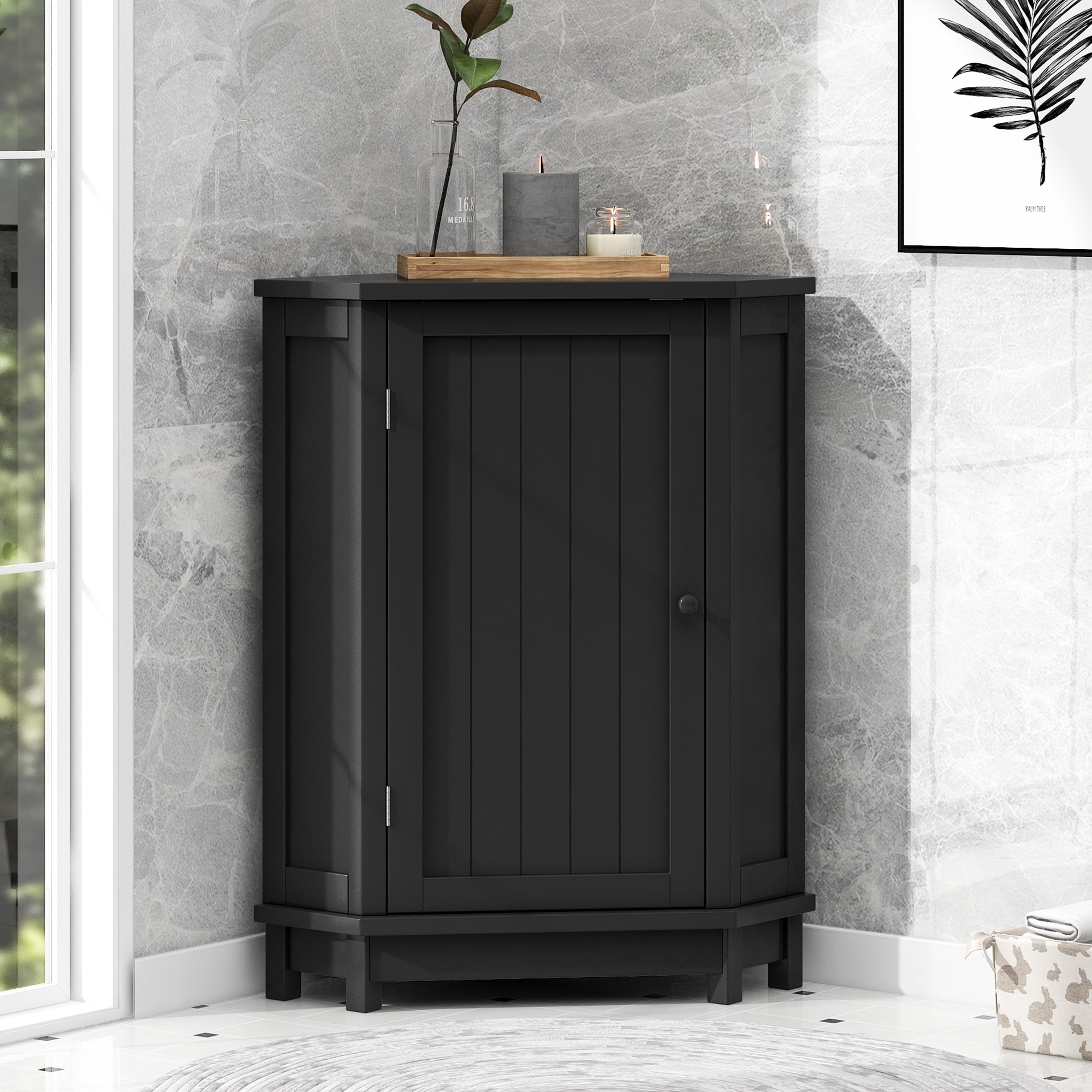 Roomfitters 24" Triangle Corner Bathroom Cabinet, Modern MDF Storage Organizer with Adjustable Shelves, Black