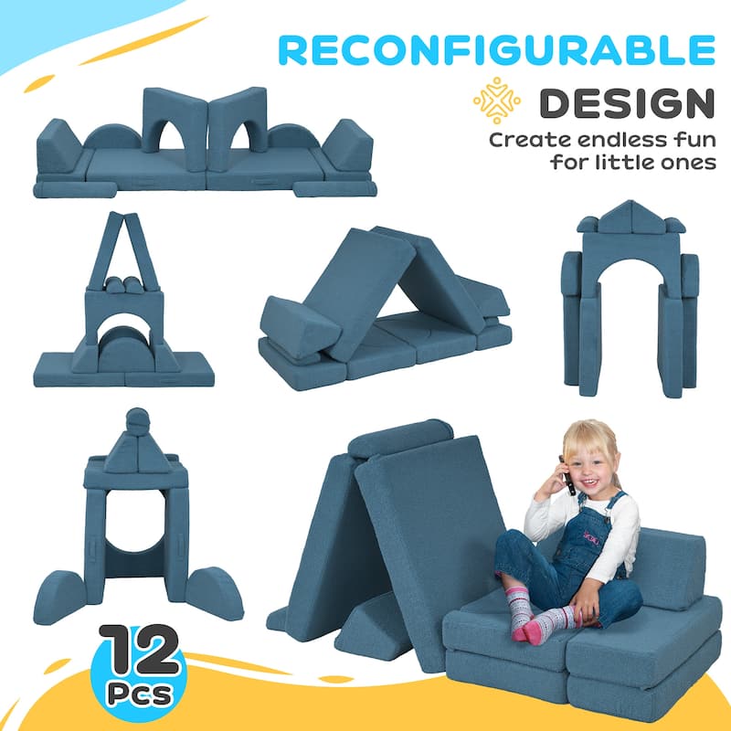 12-Piece Soft Foam Building Block Set for Toddlers Ages 18+ Months Creative Play Teddy Velvet Blue - 59.1" L x 26" W x 17.3" H