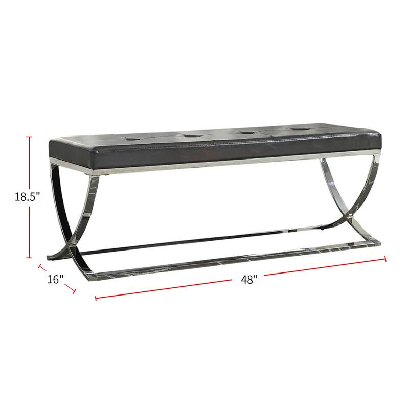 Faux Leather Bench with Metal in Base Black and Chrome