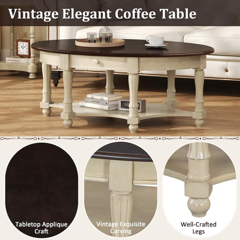 45'' Vintage Oval Coffee Table With Drawer And Storage Shelf, Cocktail Table , Elegant Accent Table For Living Room.