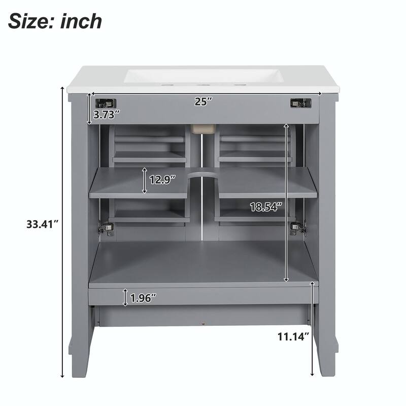 30" Bathroom Vanity - Solid Wood Frame, Single Sink, 2 Soft-Close Doors, Divided Drawer & Dual Storage Shelves