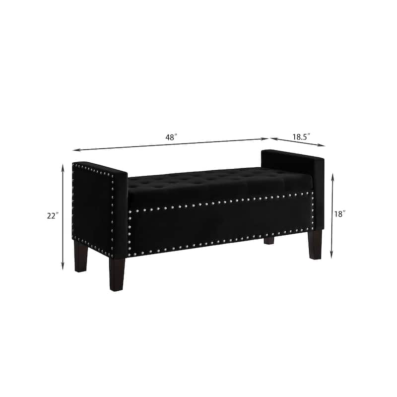 Velvet Storage Ottoman Bench with Armrests, Tufted Upholstered End of Bed Bench with Nailhead Trim for Bedroom, Entryway