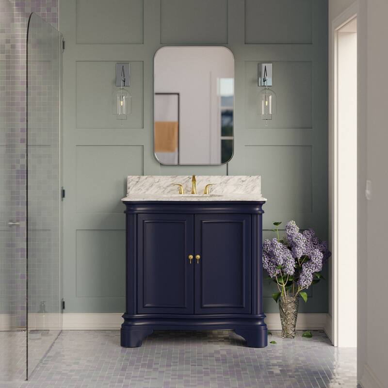 KitchenBathCollection Katherine 36" Bathroom Vanity with Carrara Marble Top - Royal Blue