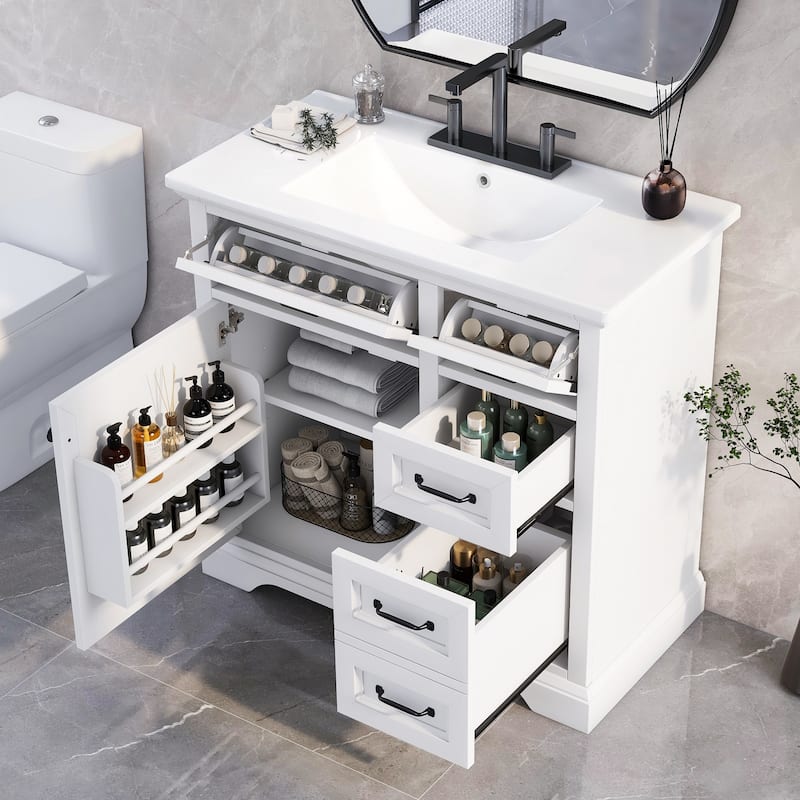 36" Bathroom Vanity with Sink, Ceramic Sink, 2 Tip-out Drawers, Soft Close Door Hinges - White