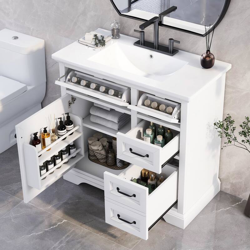 Roomfitters 36" Bathroom Vanity with Ceramic Sink, 2 Tip-out Drawers and Smart Storage Organizer
