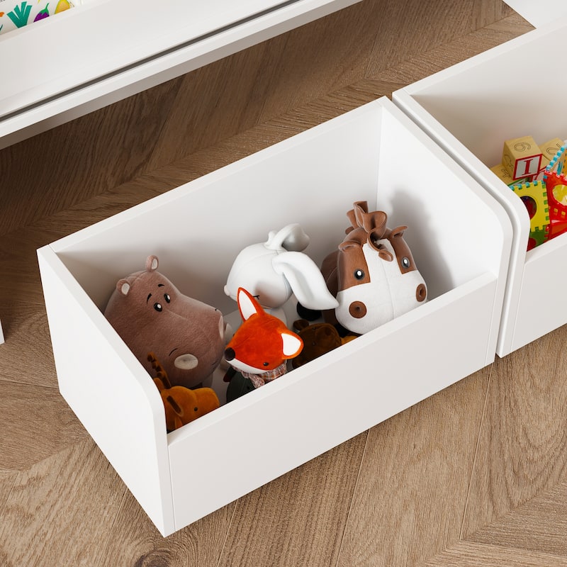 Kids Sliding Door Bookcase with 2 Large Rolling Toy Bins – 39.4" Wide White Children’s Bookshelf Organizer