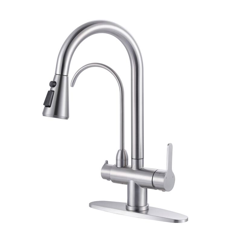 WOWOW 3 Function Pull Down Sprayer kitchen Faucet with Filter Spout - Brushed Nickel