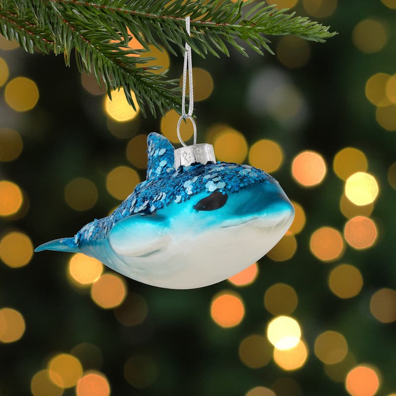 Dolphin Glittered Glass Christmas Hanging Ornament - 4.75" - Sea Blue and White