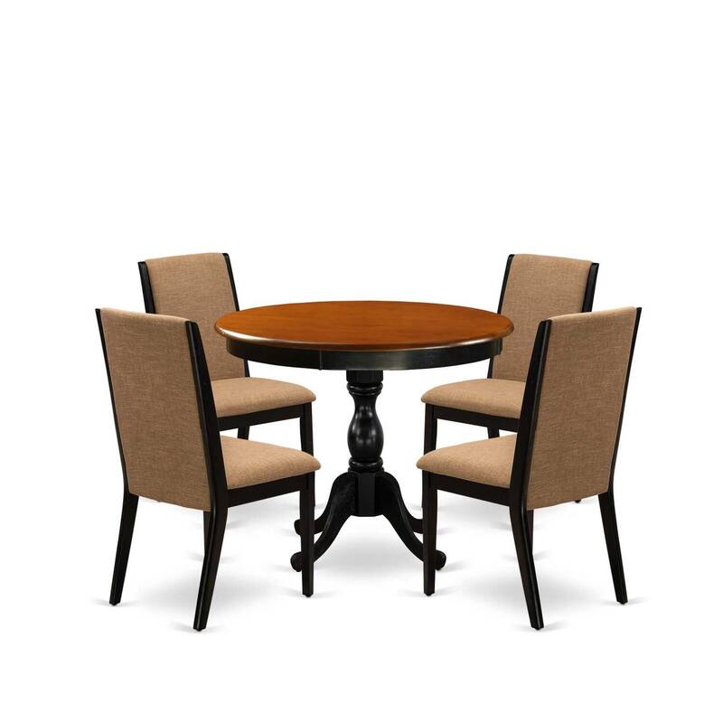 HomeStock 5-Piece Round Black and Cherry Finish Solid Wood Top Dining Table with 4 Upholstered Chairs