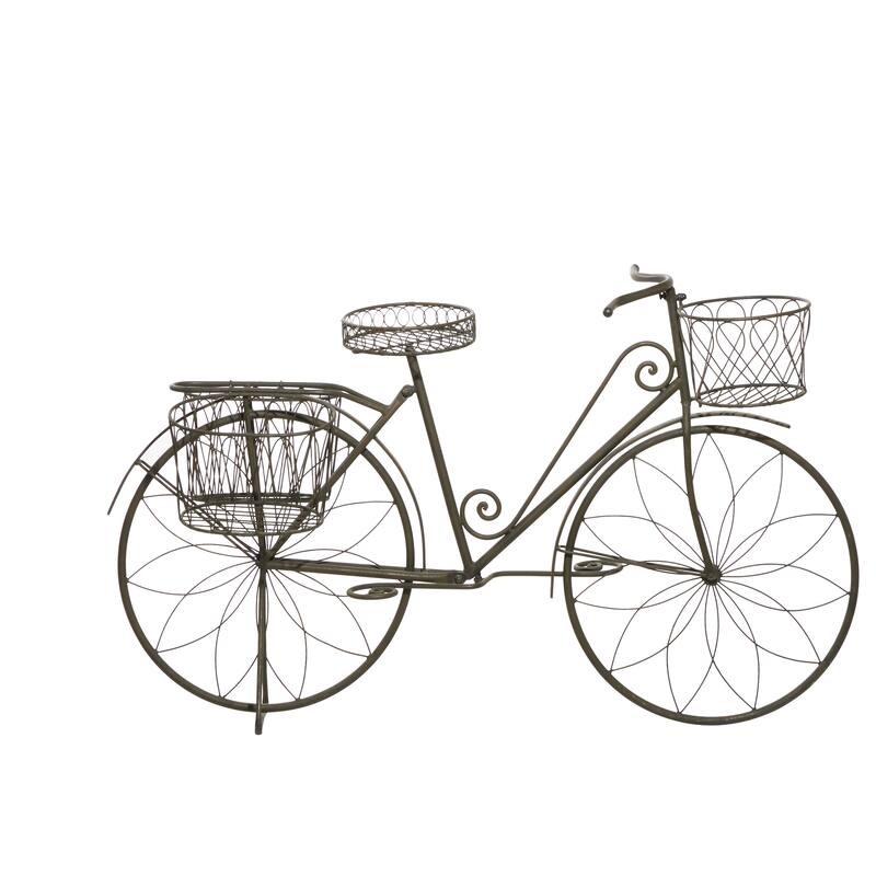 Brown Metal Indoor Outdoor Wire Floral Scrolled Bike Indoor Outdoor Plantstand with Basket and Saddle Bag Planters