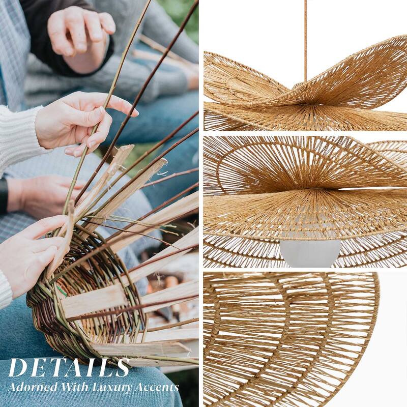 Whisper Rattan Pendant Light Natural Large Sculptural 1-Light Handwoven Light Fixture For Modern, Coastal, Farmhouse Room Décor.