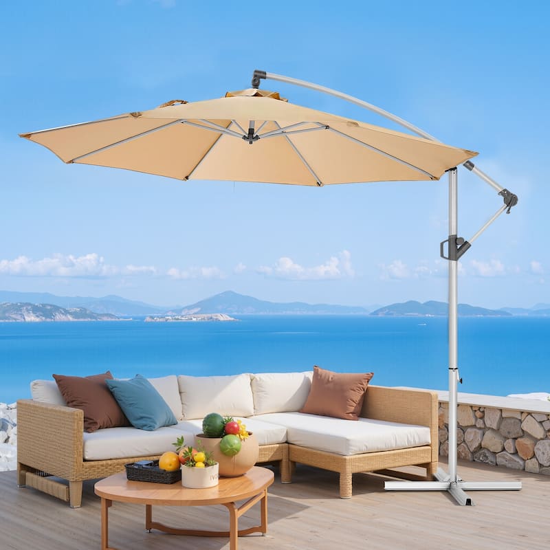120" Patio Umbrella with Upgraded Aluminum Frame,Cantilever Hanging Market Umbrella with Base Included,UV Resistant