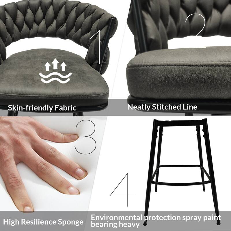 360 Swivel Linen Woven Bar Stool 2pcs Bar Stools with Back Footrest