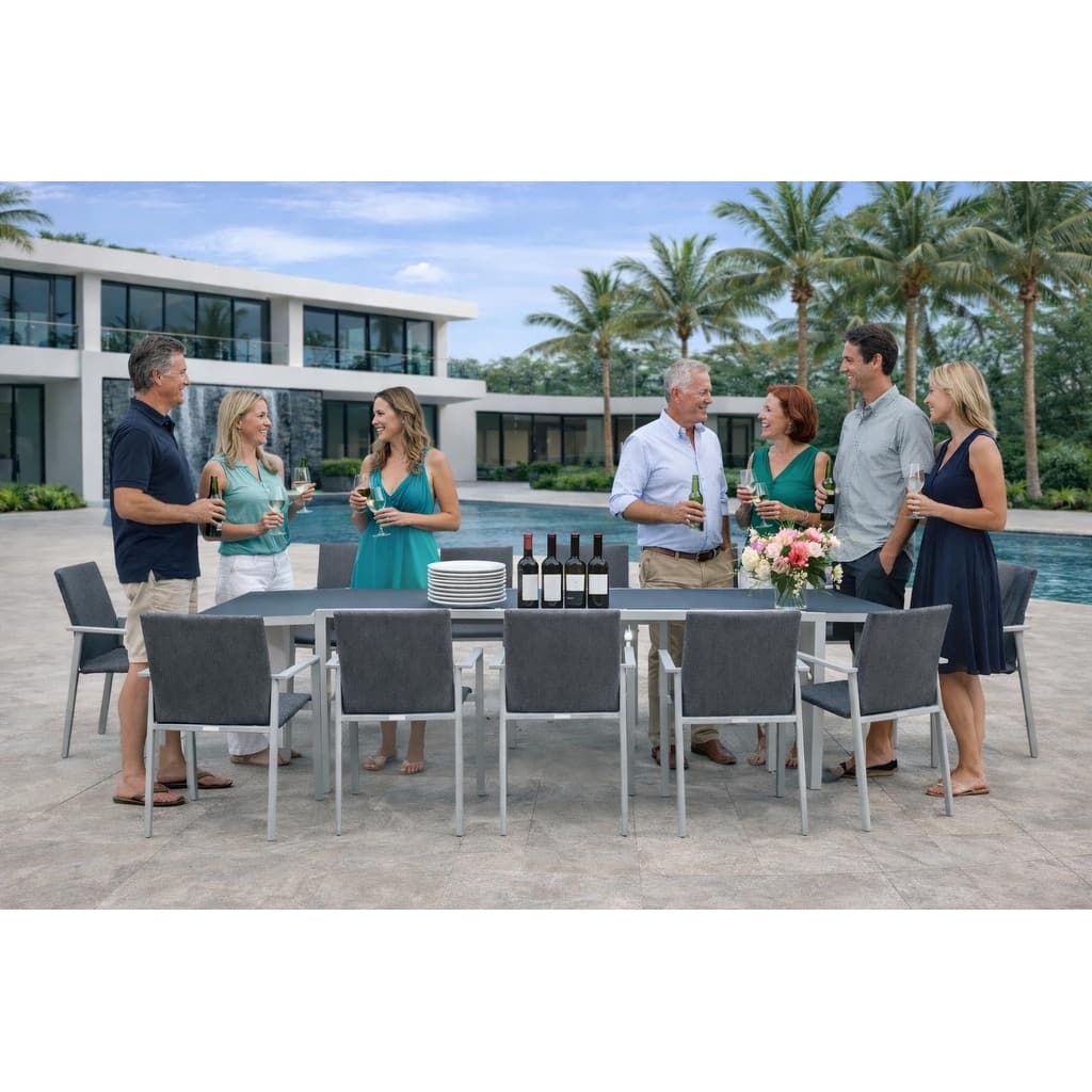 Bailey Light Grey 13-Piece Aluminum Outdoor Dining Set with Sling Set in Midnight Grey - N/A