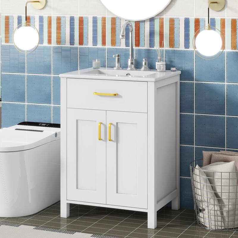 Luxurious 24-Inch Bathroom Vanity with Undermount Ceramic Sink, MDF Cabinet, Golden Handles & Adjustable Shelf