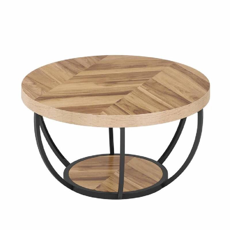 Round 2-Tier Wood Coffee Table with Metal Base for Living Room