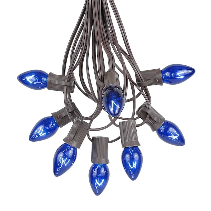 25 Foot C7 Christmas Light Set, Hanging Patio String Lights, Brown Wire - Blue