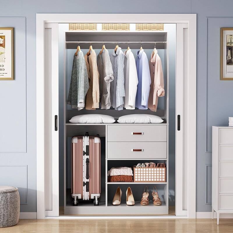 Rackcog Freestanding Closet Organizer with Hanging Rod, Closet System Wardrobe with Wood Drawers - Grey