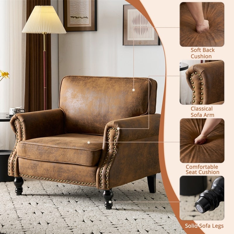 Stamped Fabric Back Chair, Single Upholstered Chair with Brass Nail Trim, Living Room Bedroom Club Cafe Back Armchair