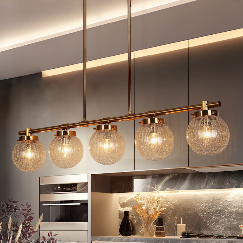 Bola Modern Gold 5-Light Linear Chandelier Globe Glass Kitchen Island Lights - L 38" x W5" x H 7.4"
