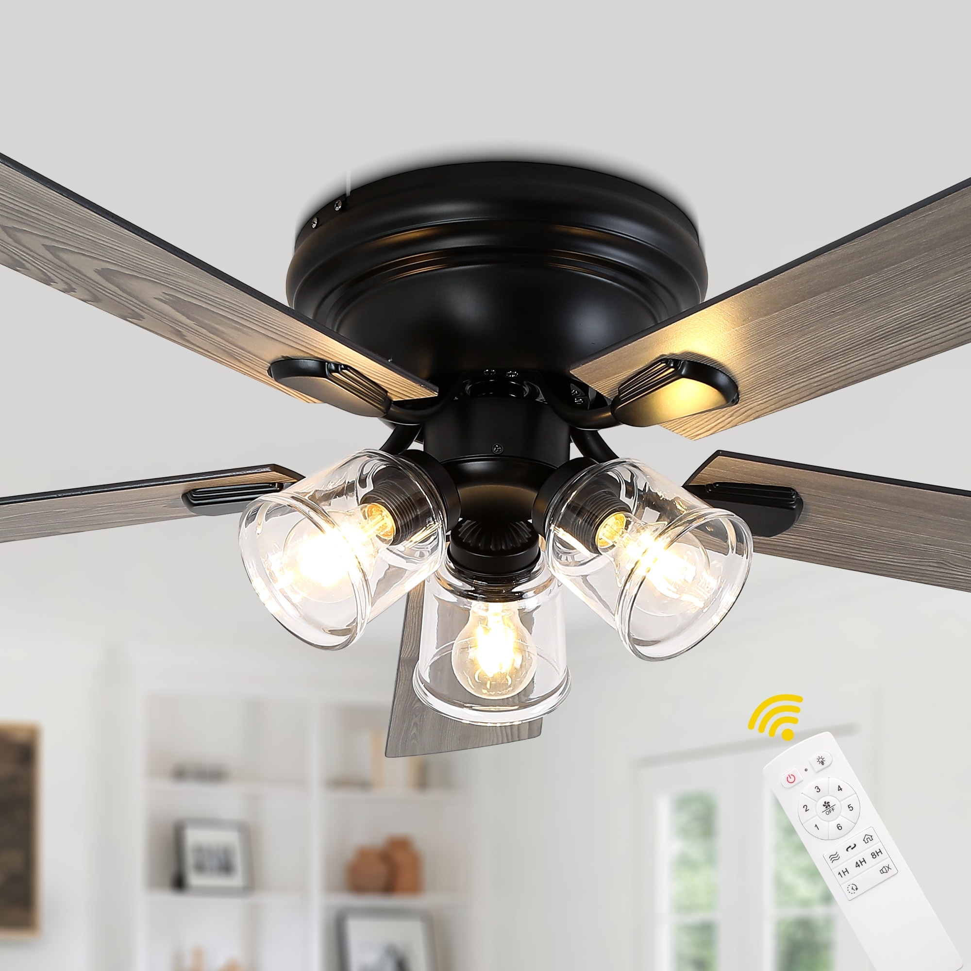 Bella Depot 52" 3-Light Brown Flush Mount Ceiling Fan with Light and Remote Control 6-speed Reversible Timer DC Motor