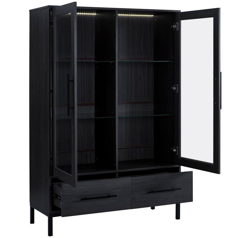 60'' Tall Display Cabinet with Tempered Glass Door, LED Lighting, 2 Drawers, Modern Storage Cabinet Book Display Cabinet