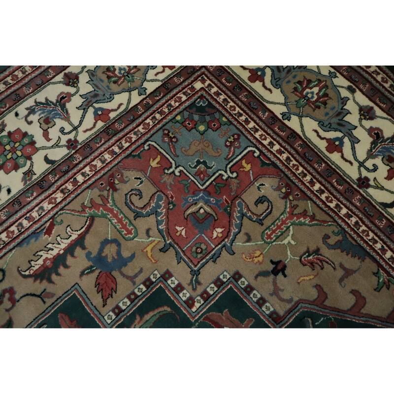 Hand Knotted Oriental 100% Wool Carpet Traditional Geometric Green Heriz Area Rug - 13' 10'' X 9' 8''