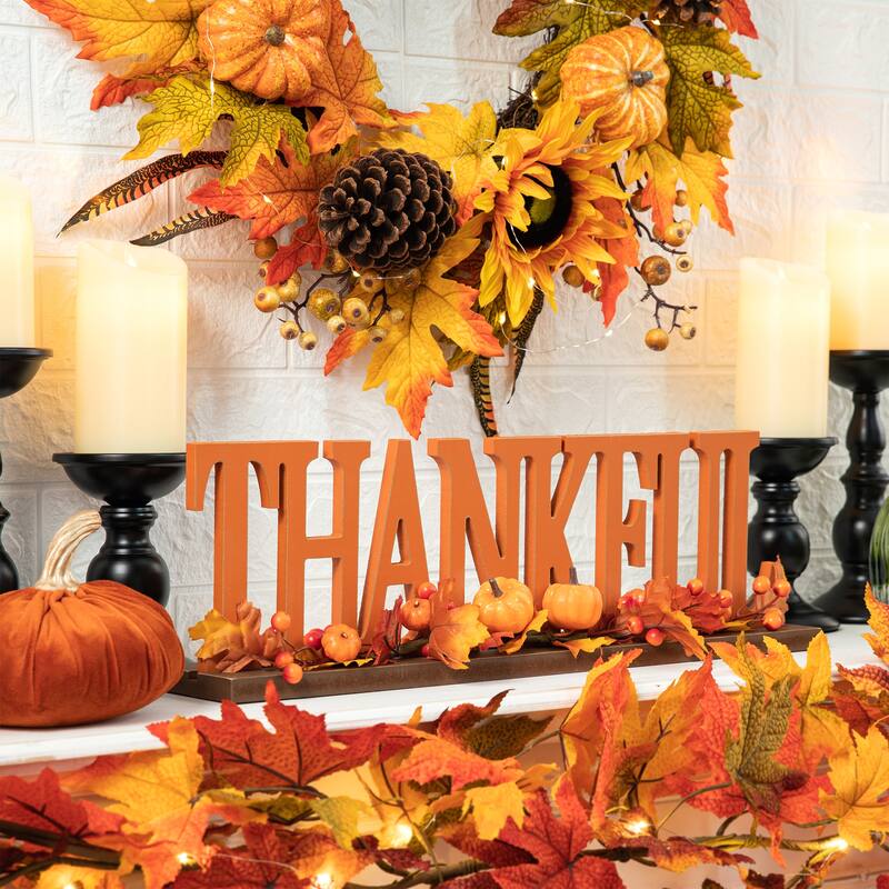 Glitzhome 20"L THANKFUL Word Sign Wooden Table Decor for Fall Thanksgiving