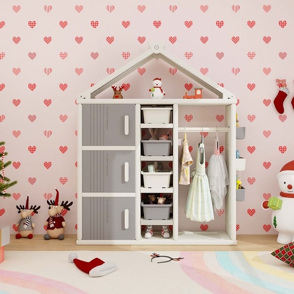 slide 2 of 8, Kids Costume Storage Closet Pretend Dresser Wardrobe with Storage Bins