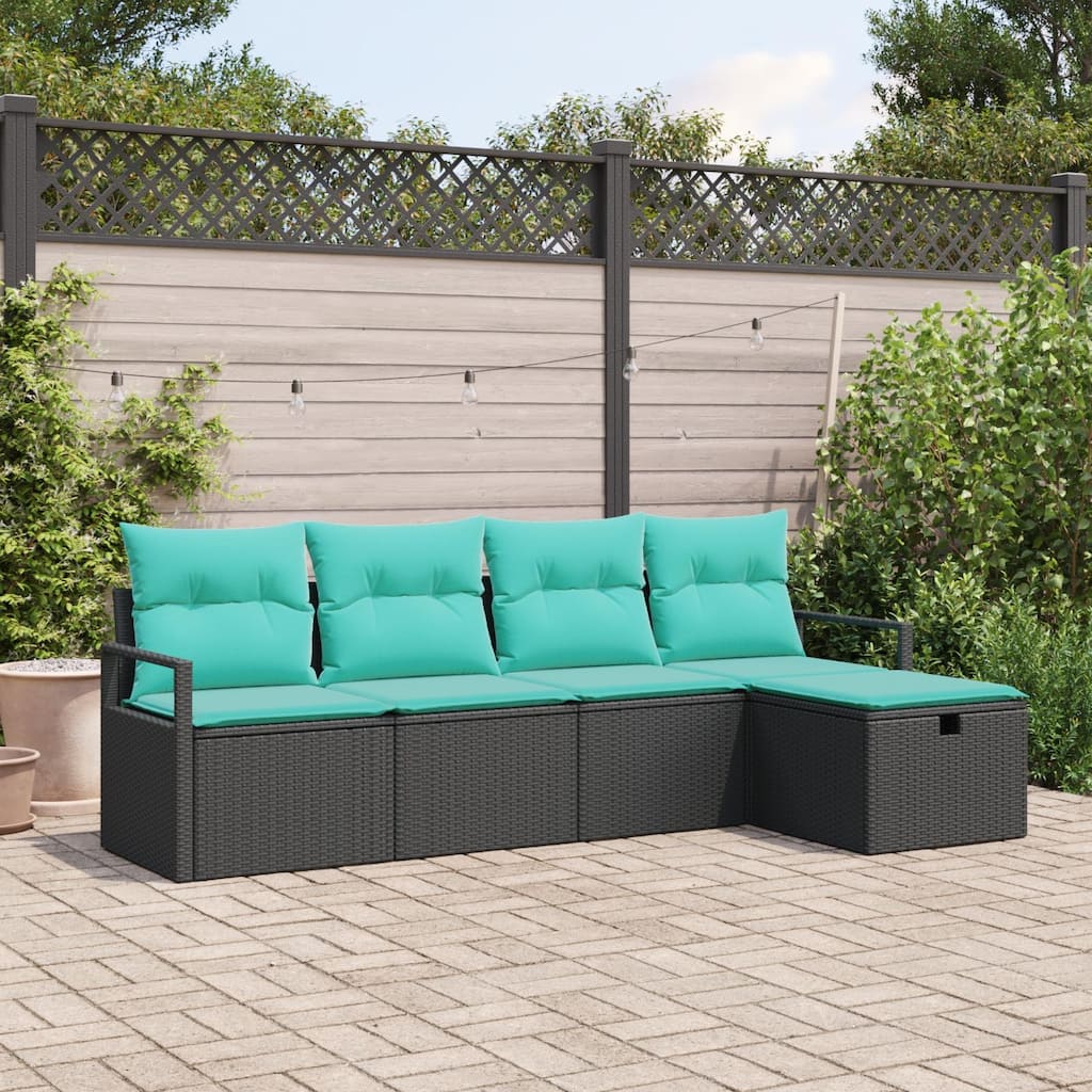vidaXL 5 Piece Garden Sofa Set with Cushions Black Poly Rattan - 90.6×46.1×27.2