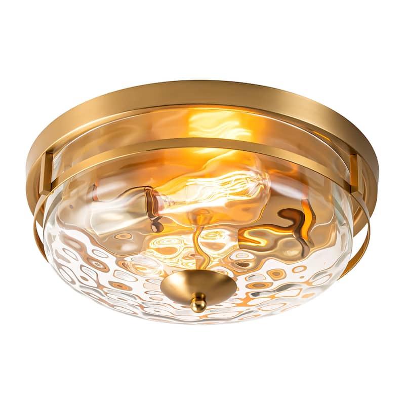 2-Light Industrial Farmhouse Ceiling Light Dome Clear Water Rippled Glass Flush Mount Light - 12.9 in. W x 5.5 in. H