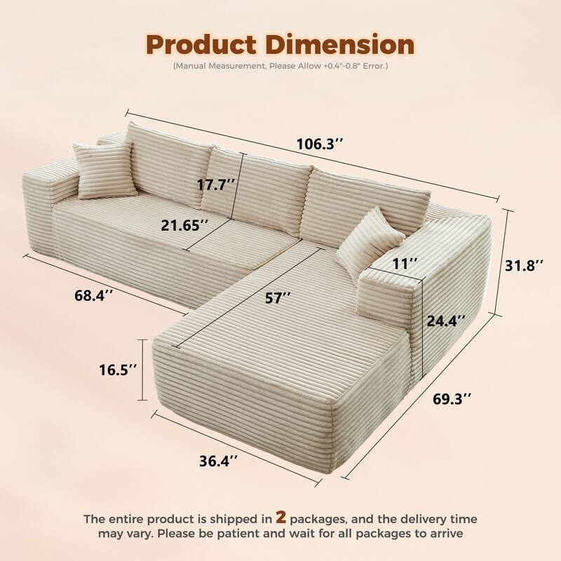 HOOOWOOO Modern Upholstery Chaise Sofa with Pillows for Living Room