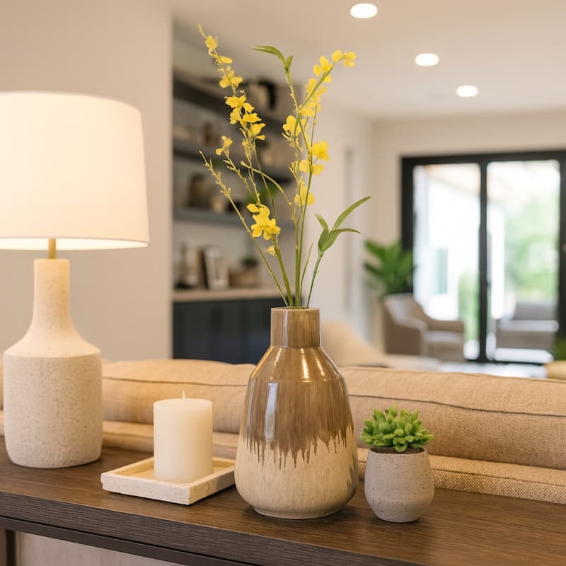 Warm Rustic Ceramic Table Vase for Home Decor, Decorative Flower Vase with Glazed Finish