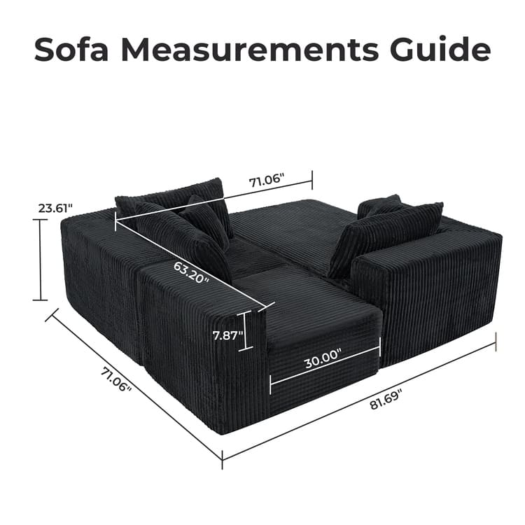 110" Modular Cloud Couch Sectional Sofa - Deep Seat Corduroy L-Shape Couch - Boneless Compressed Sofa
