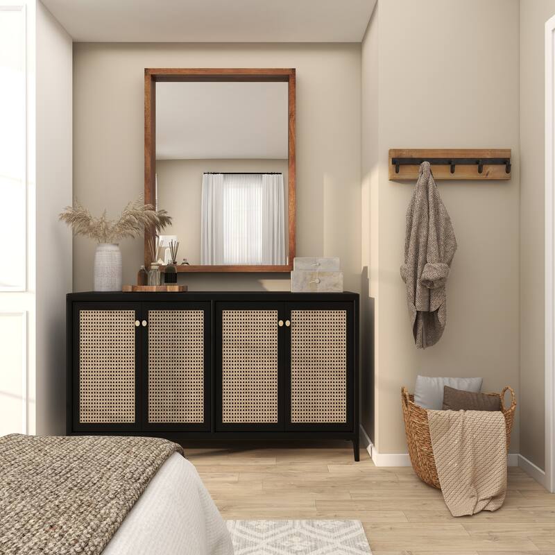 Brown Mango Wood Minimalistic Wall Mirror with Natural Wood Grain and Deep Set Frame