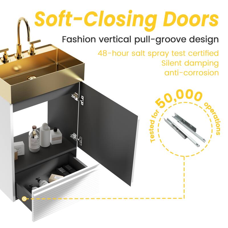 20" Striped Bathroom Vanity with Integrated Brushed Gold Metal Vessel Bathroom Sink, Freestanding Bathroom Cabinet