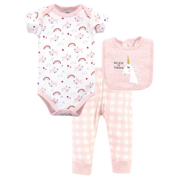 slide 1 of 1, Luvable Friends Baby Girl Bodysuit, Pant and Bib, Unicorn 0-3 Months - Unicorn