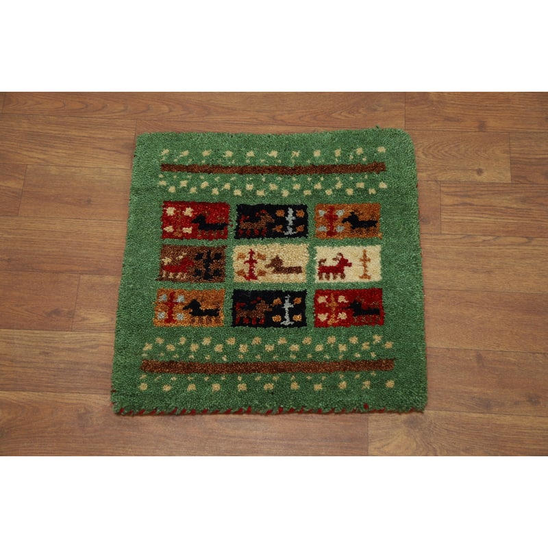 Hand Knotted Oriental 100% Wool Carpet Tribal Animal Pictorial Green Gabbeh Area Rug - 1' 4'' X 1' 4''