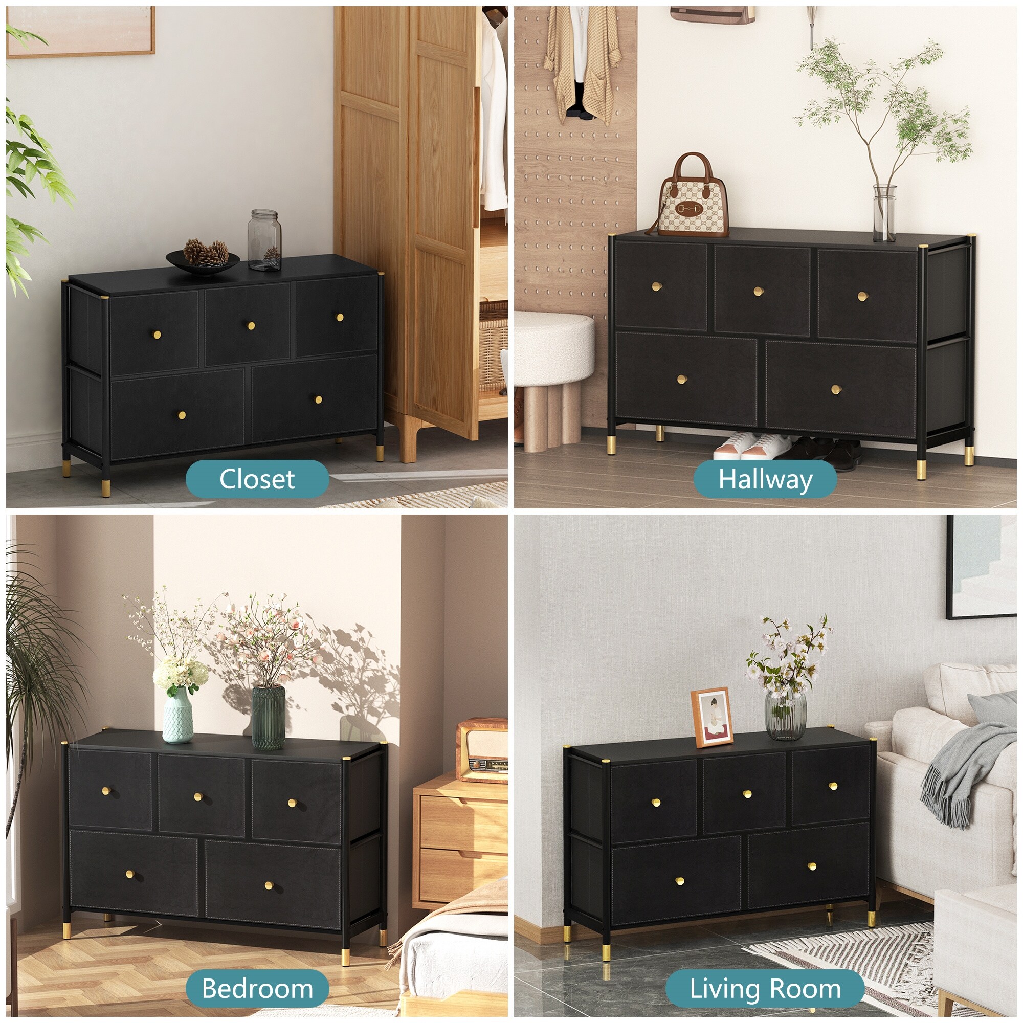 Black 5-Drawer Tall Dresser with PU Leather Fronts - Storage Tower for Closet, Living Room, Hallway, Children's Room - Overstock - 40909197 Black 5-Drawer Tall Dresser with PU Leather Fronts - Storage Tower for Closet, Living Room, Hallway, Children's Room - Overstock - 40909197