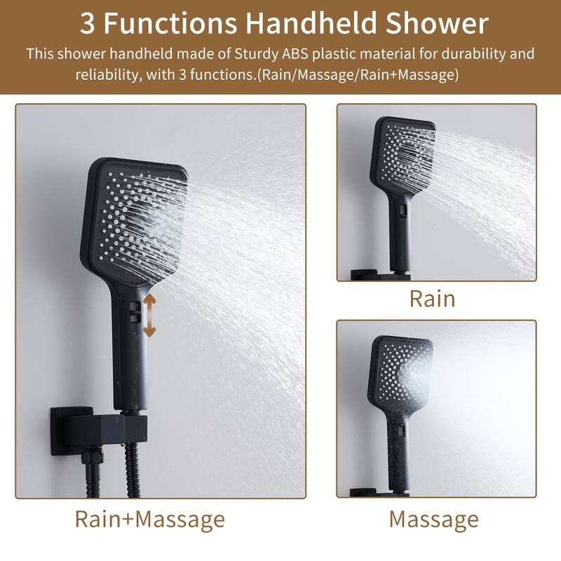 3 Functions 12 Inch Wall Mount Thermostatic Shower System in Matte Black
