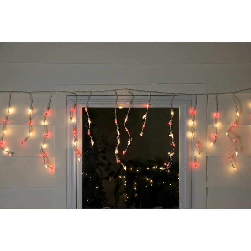 50 Red and Clear Mini Icicle Christmas Lights - 2.5 ft White Wire. - 2.5'