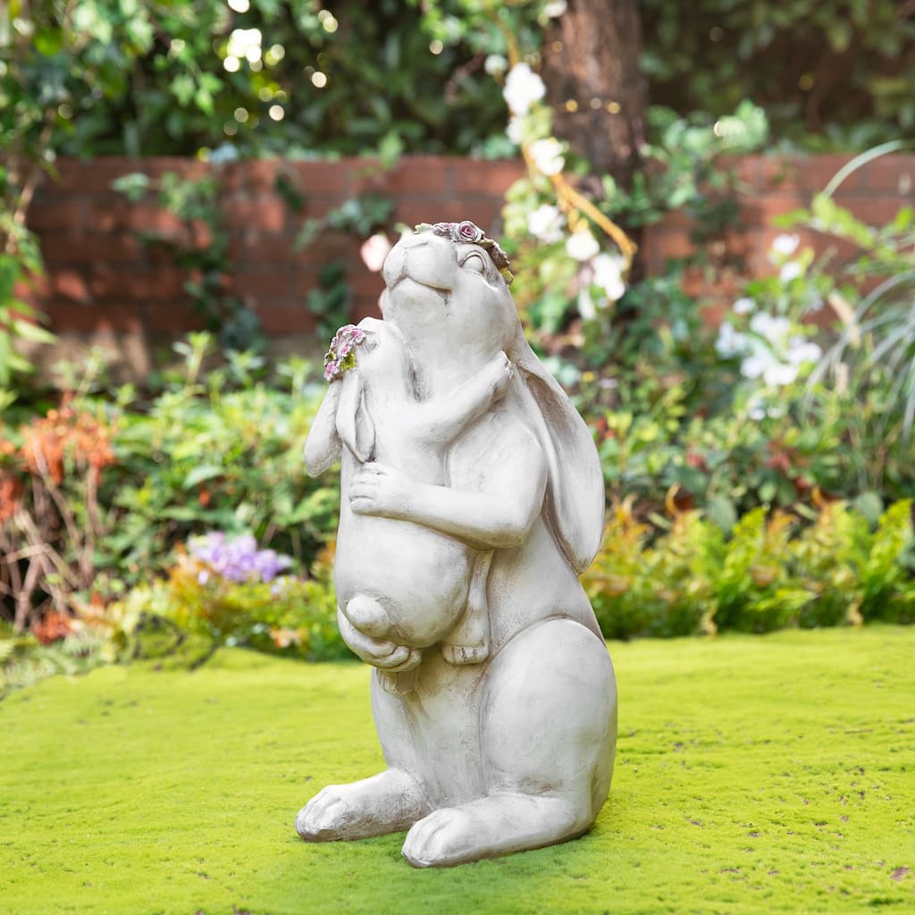 Glitzhome MGO Cute Sitting Bunny Hugging Mom and Baby Rabbit Garden Statue Indoor Outdoor Decoration