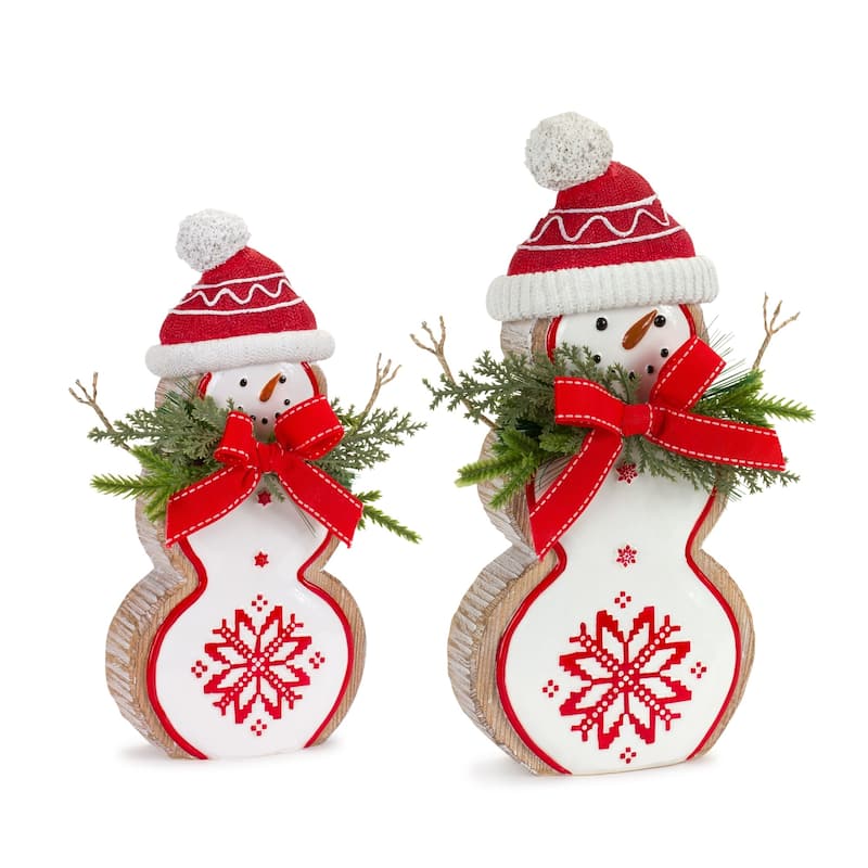 Set of 2 Snowman with Pine and Bow Christmas Tabletop Figurines 10.25"