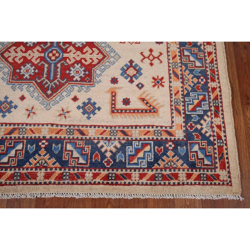 Geometric Beige / Ivory Kazak Accent Rug Hand-Knotted Wool Carpet - 4'0" x 6'1"
