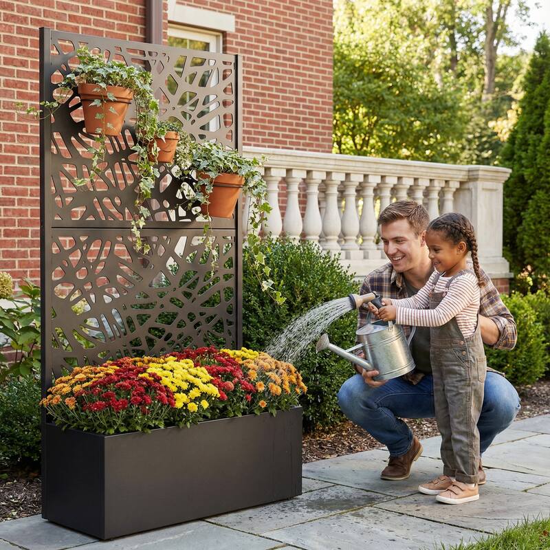 Metal Galvanized Planter Box with Trellis Privacy Screen Lockable Wheels